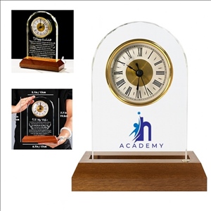 Quartz Crystal Engravable Table Clock Glass Office Desk Clock Awards Plaque Wooden Base